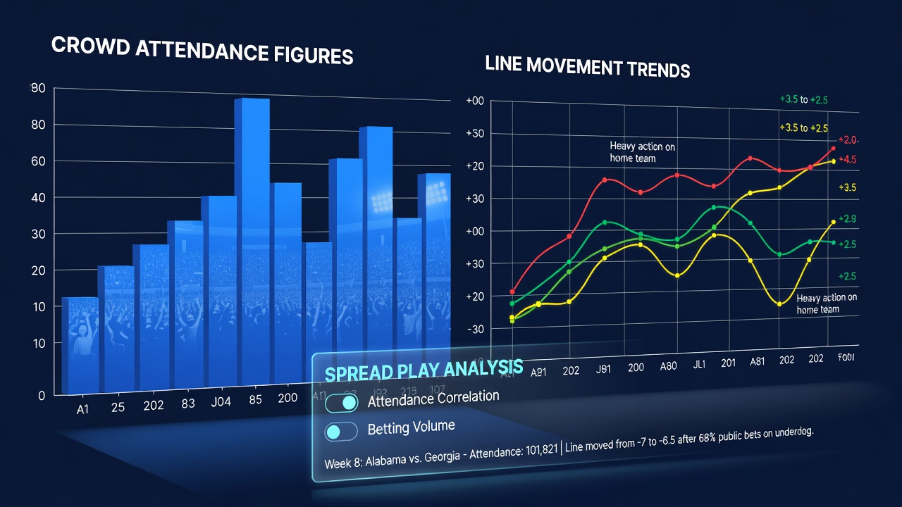 College football stadium filled with spectators during a key matchup with line movement charts overlaid