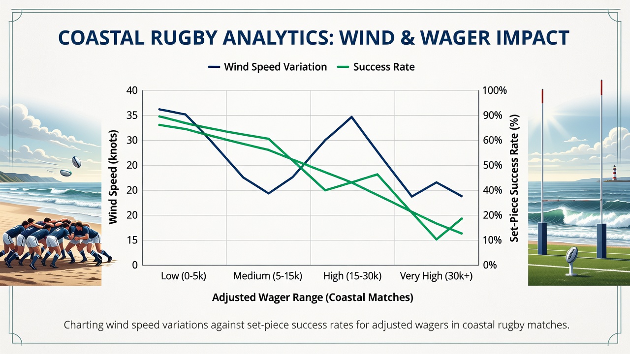 Detailed wind speed charts overlaid with set-piece success metrics from multiple coastal rugby venues