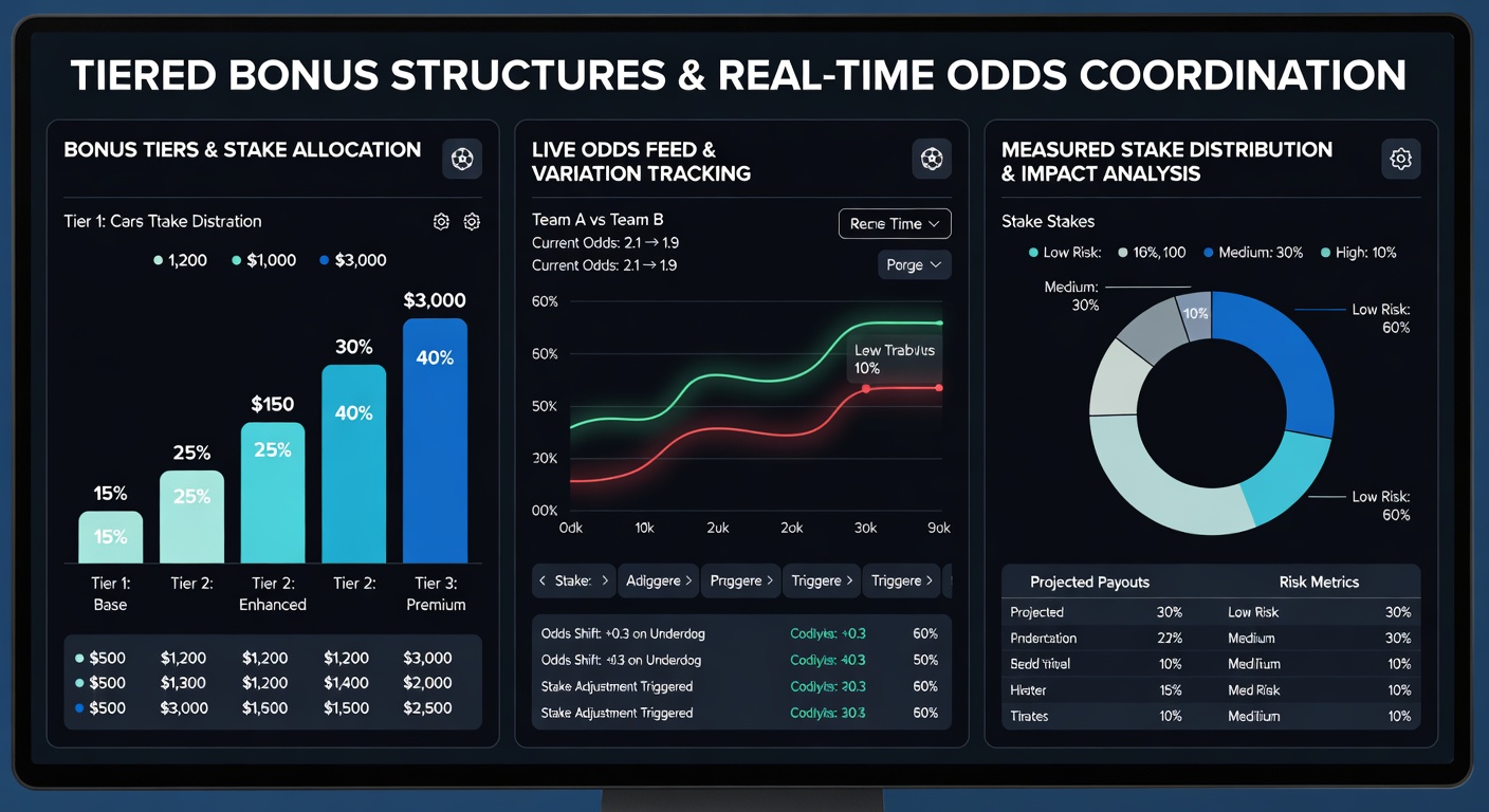 Screenshot of a dashboard displaying real-time football odds next to active bonus tier progress bars on regulated betting platforms