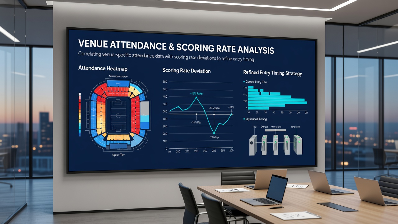 Analysts reviewing live cricket statistics and attendance charts on multiple screens