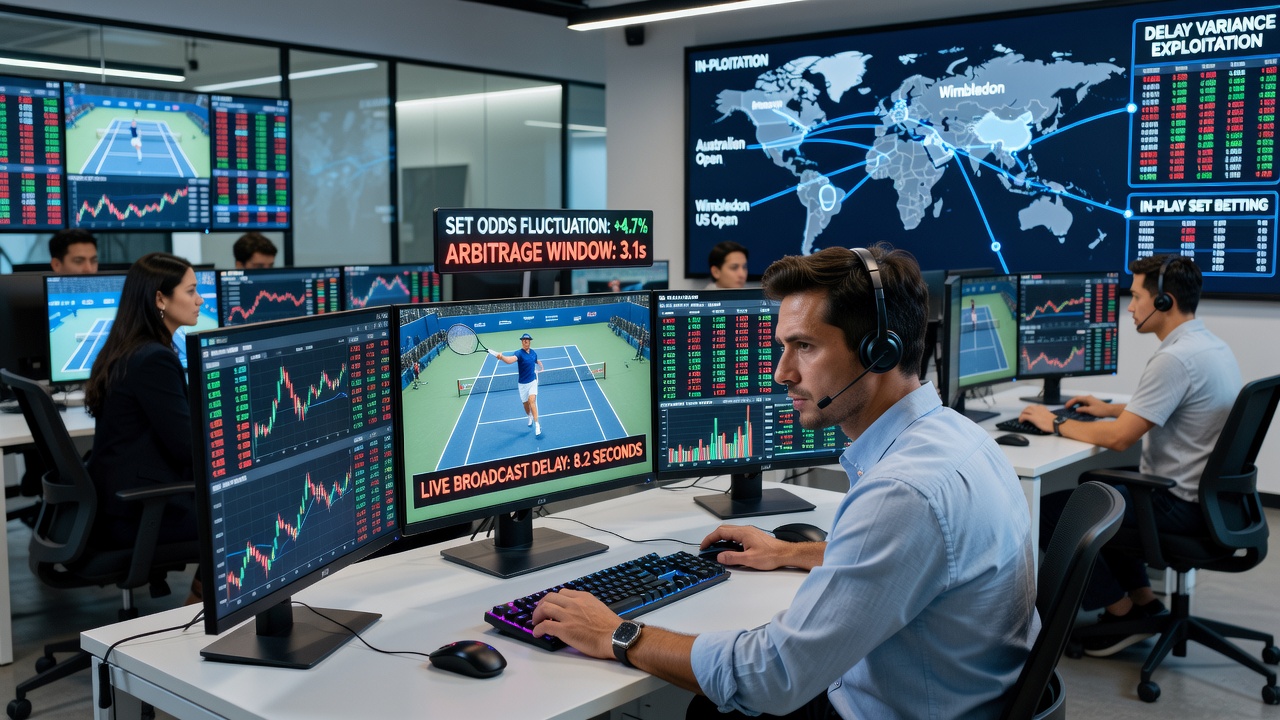 Live tennis betting interface displaying set odds alongside broadcast monitoring tools