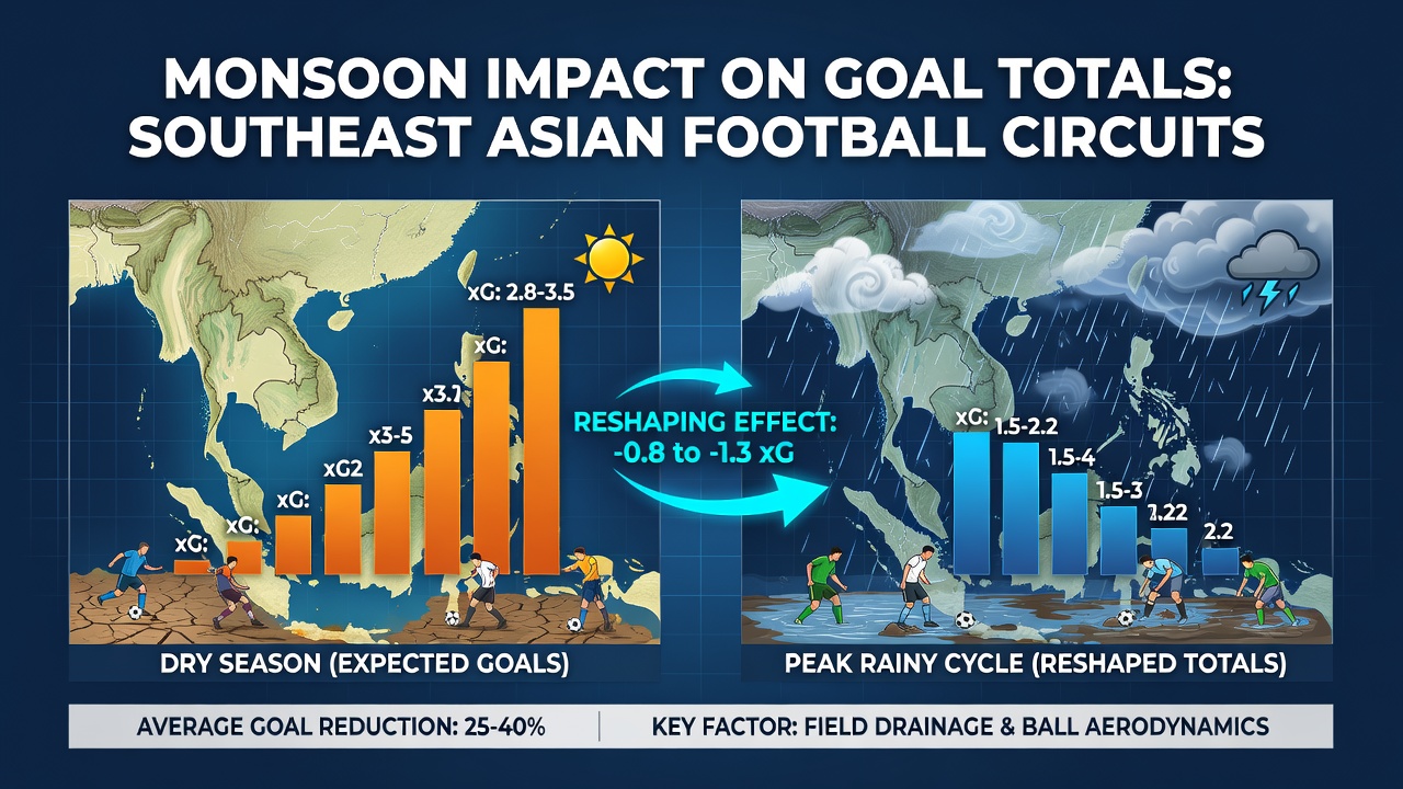 Heavy monsoon rains flooding a Southeast Asian football pitch during the peak rainy season