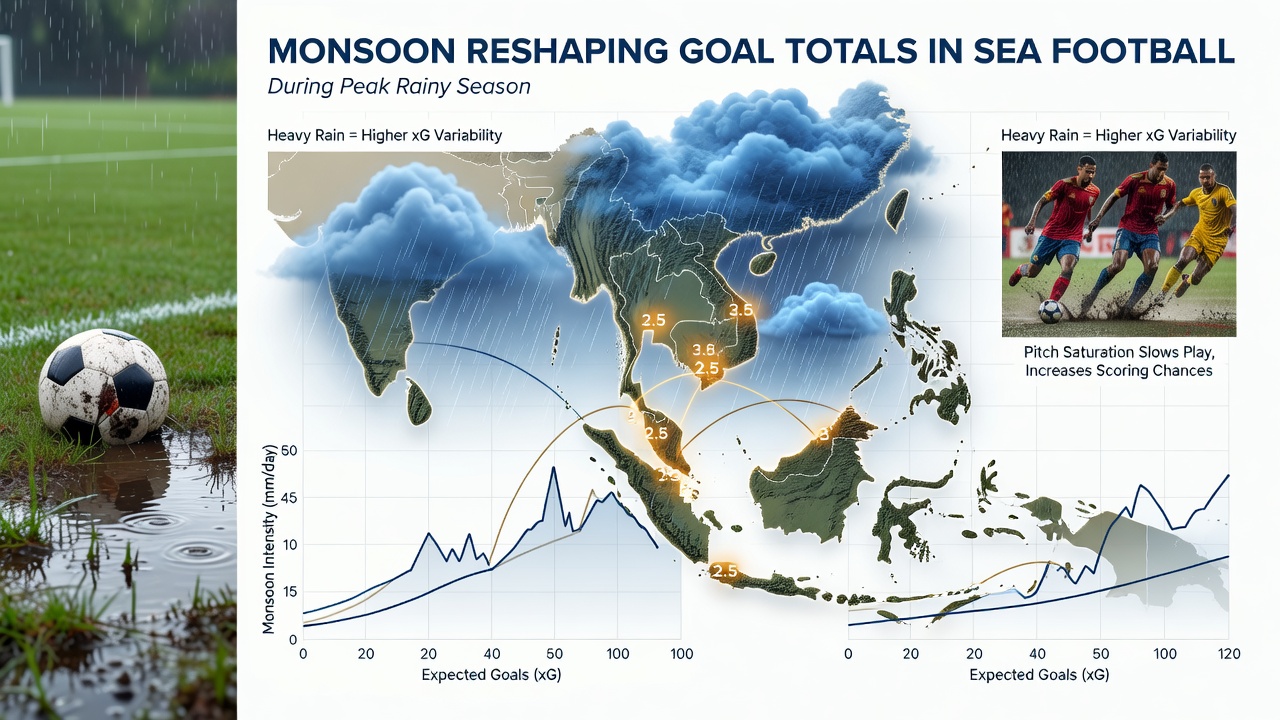 Football players navigating a waterlogged pitch in Southeast Asia during monsoon season