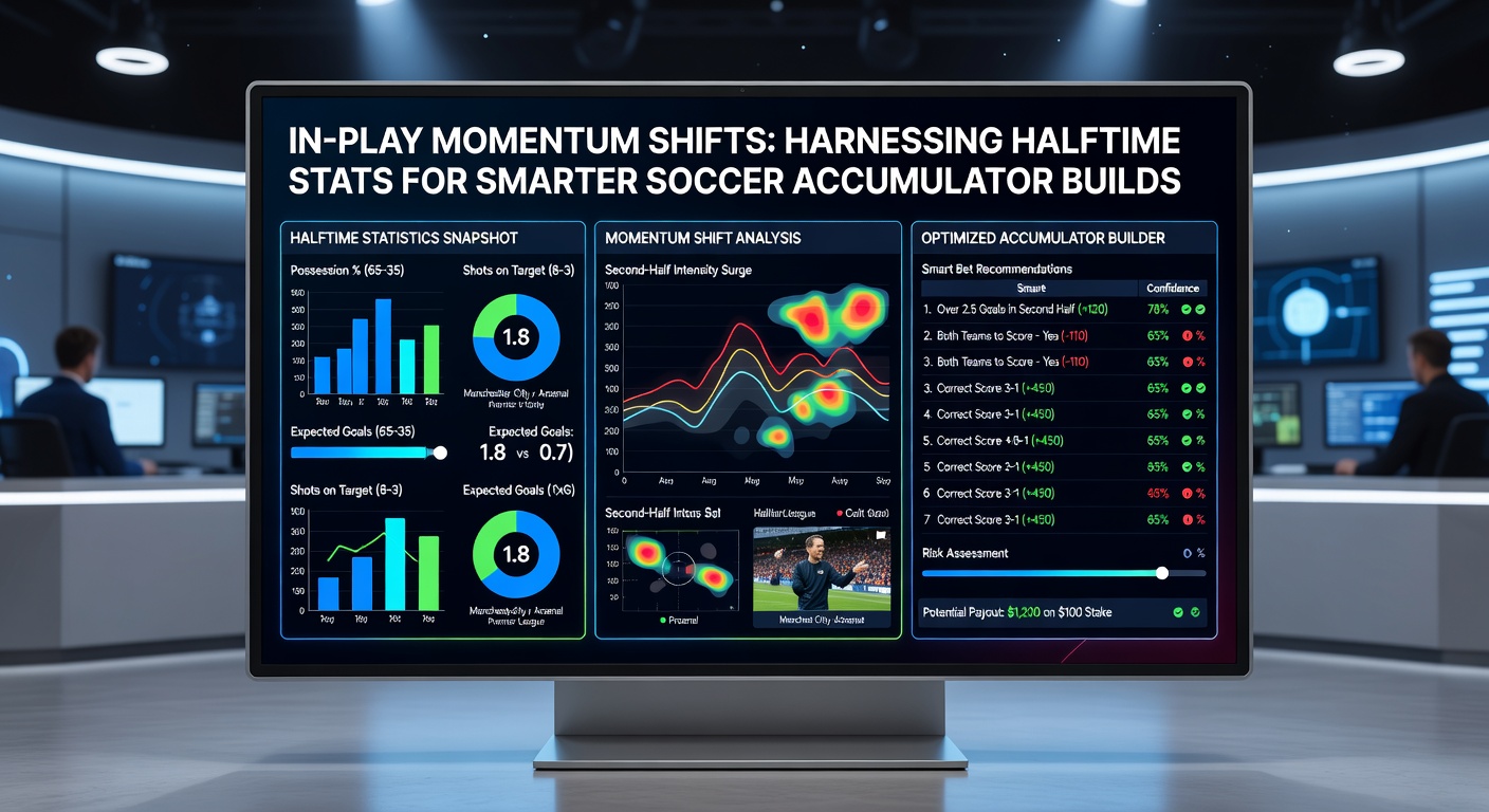 Dynamic halftime stats overlay on a soccer field graphic, showing xG charts, possession wheels, and momentum arrows pointing to second-half predictions