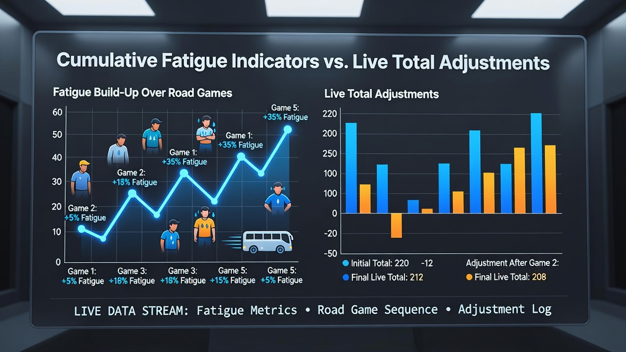 Chart displaying live NBA total line movements correlated with road game fatigue indicators in division matchups