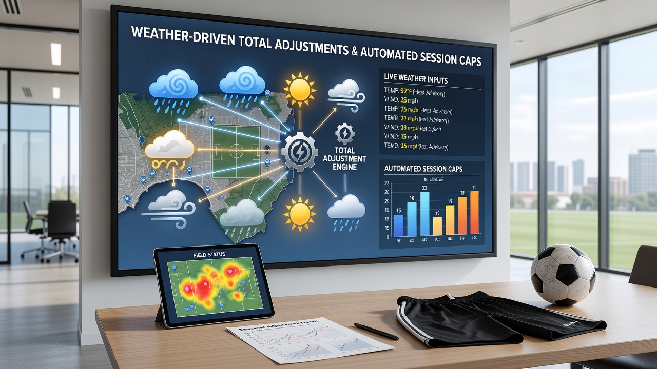 Dashboard showing automated betting caps and multi-market weather adjustments for soccer totals