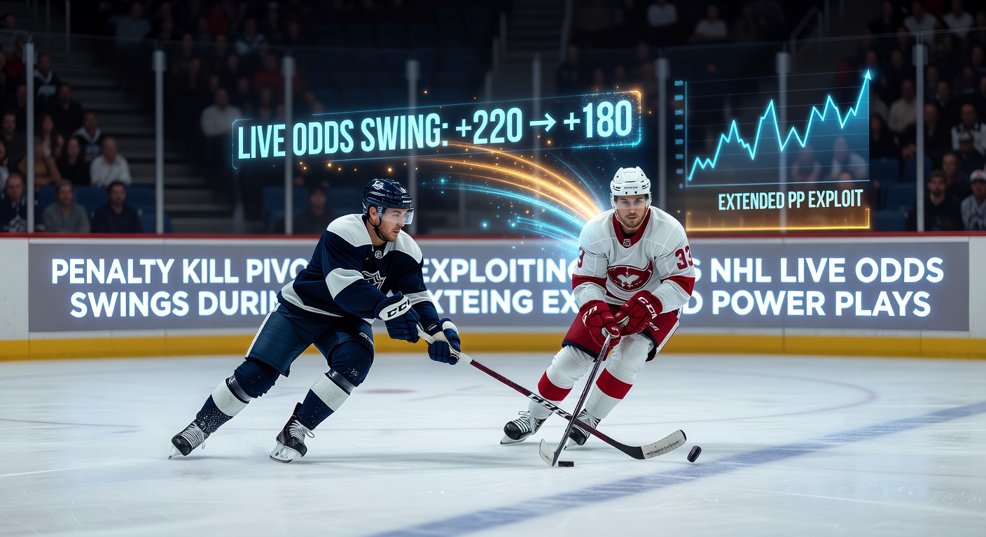 NHL players defending during an extended power play, with odds lines shifting on a betting screen in the background