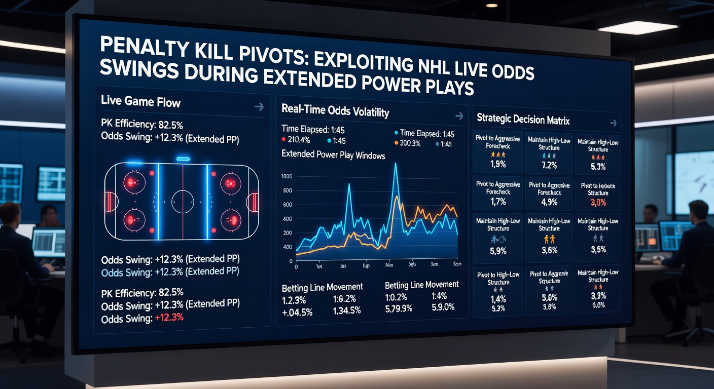 Close-up of NHL scoreboard showing extended power play time with live betting odds shifting from power play favorite to penalty kill underdog