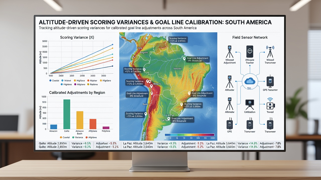 Soccer analysts reviewing altitude impact charts and goal distribution data on multiple screens