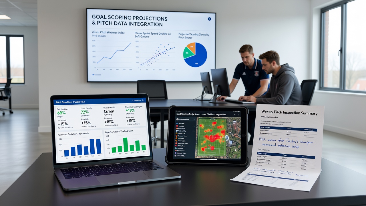 Data analysts reviewing pitch reports and goal projection charts for English lower league fixtures