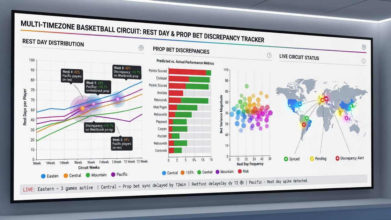 Analytics dashboard displaying correlations between rest distributions, travel across time zones, and resulting prop bet outcomes in basketball
