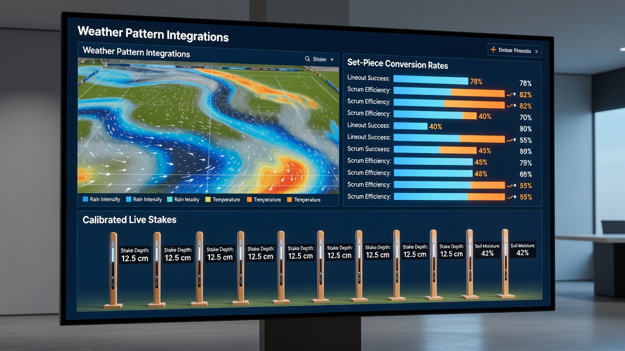 Data visualization overlay on rugby sevens pitch illustrating weather metrics and conversion statistics