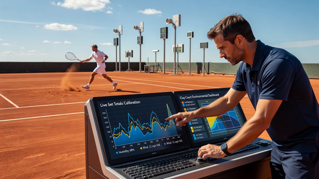 Clay court tennis match under varying weather conditions with visible wind effects on ball trajectory