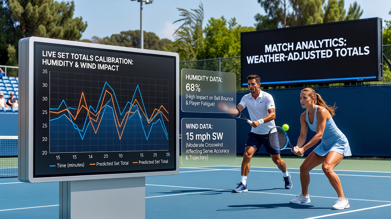 Live tennis betting data screen displaying humidity and wind metrics overlaid on clay court match statistics